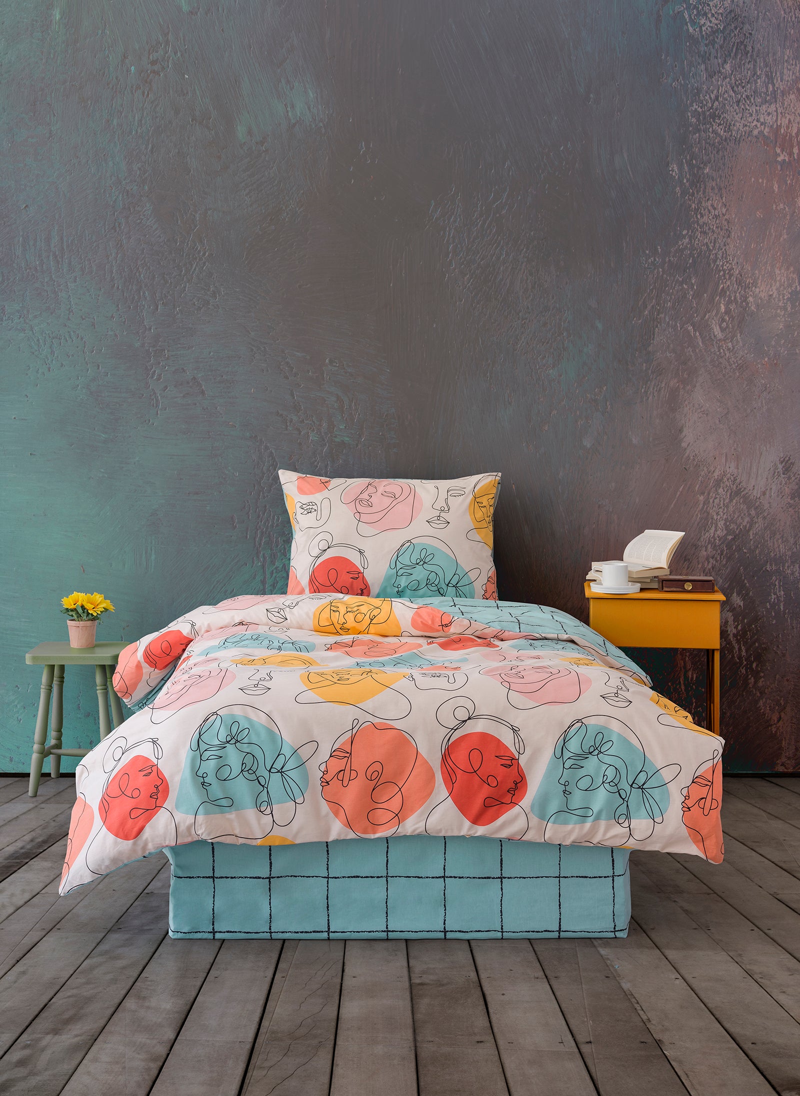 Cozy Home Single Duvet Cover Set with Elastic Sheets Modern Mint