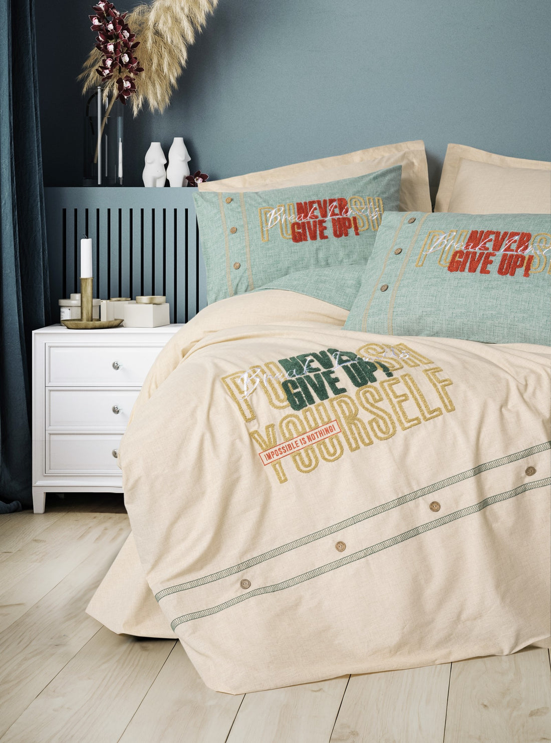 Cotton Box Mood Embroidered Ranforce Double Duvet Cover Set Forward Beige