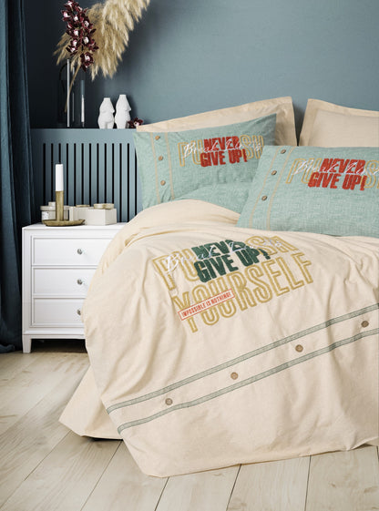 Cotton Box Mood Embroidered Ranforce Double Duvet Cover Set Forward Beige
