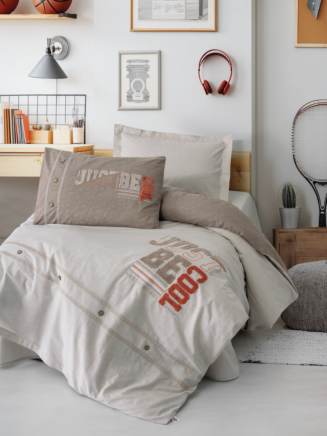 Cotton Box Mood Embroidered Ranforce Single Duvet Cover Set Cool Brown