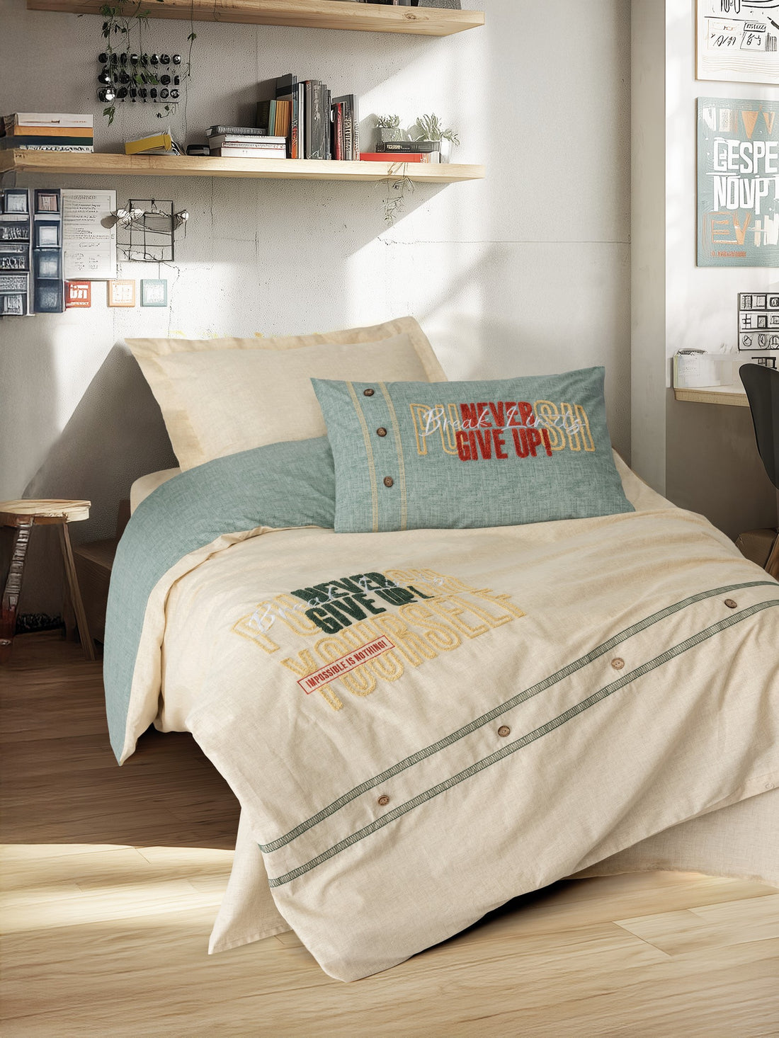 Cotton Box Mood Embroidered Ranforce Single Duvet Cover Set Forward Beige