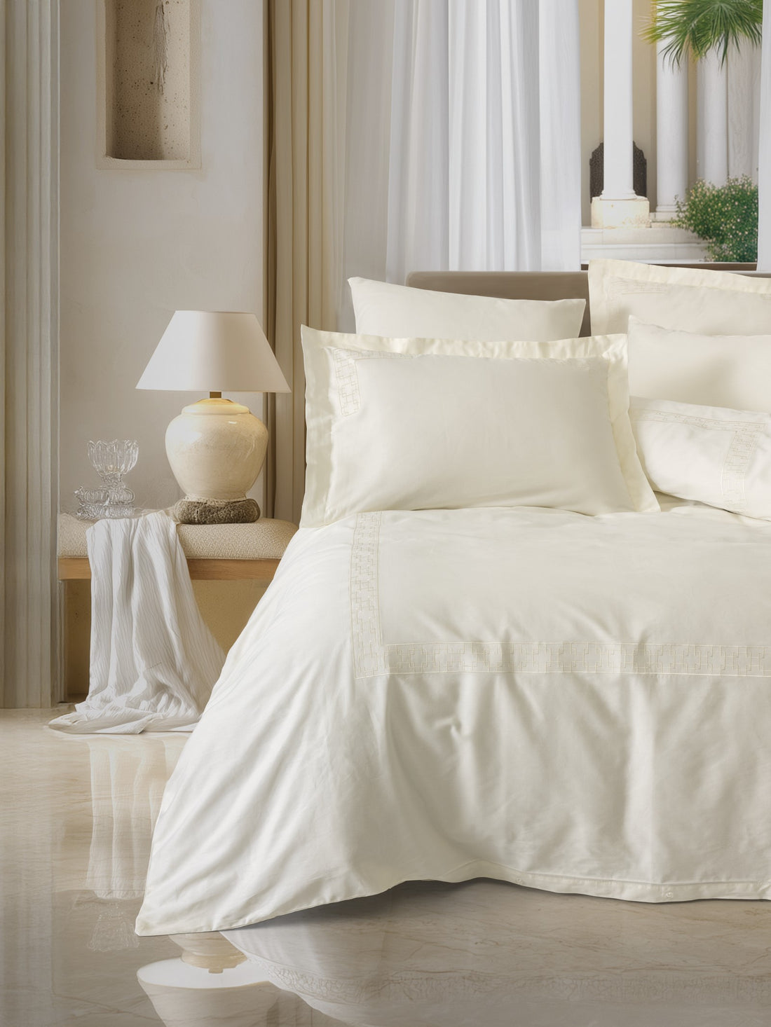 Cotton Box Embroidered Satin Double Duvet Cover Set Luxe Ecru