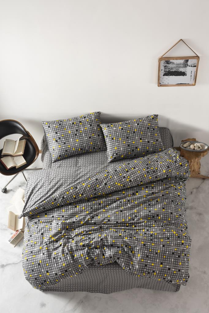 Casa Carina Ranforce Double Duvet Cover Set with Elastic Sheets Checker Yellow