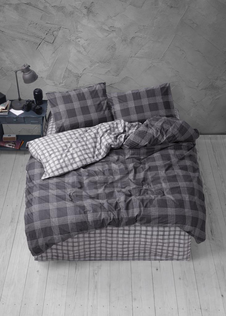 Casa Carina Ranforce Double Duvet Cover Set with Elastic Sheets Plaid Anthracite