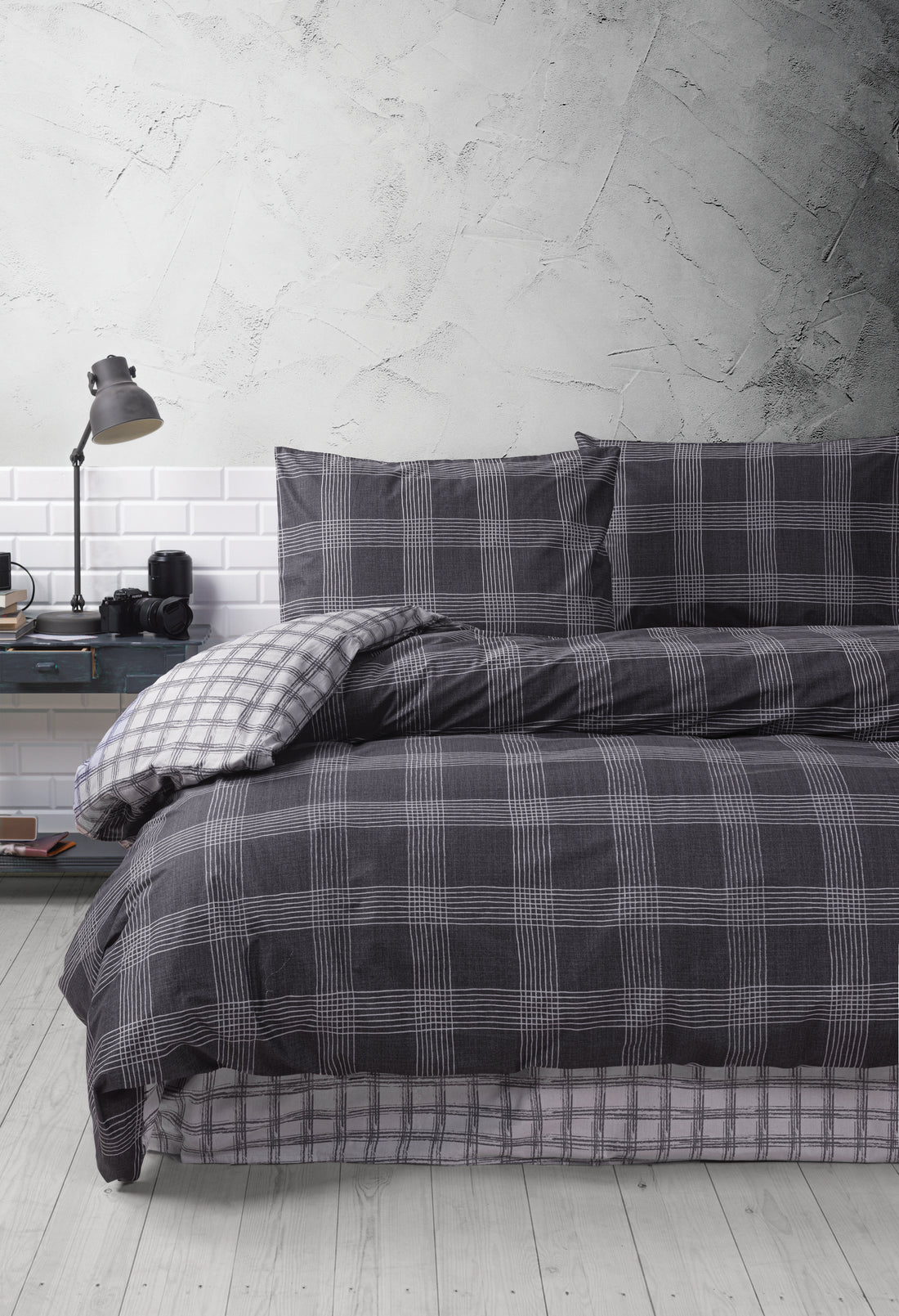 Casa Carina Ranforce Double Duvet Cover Set with Elastic Sheets Plaid Anthracite