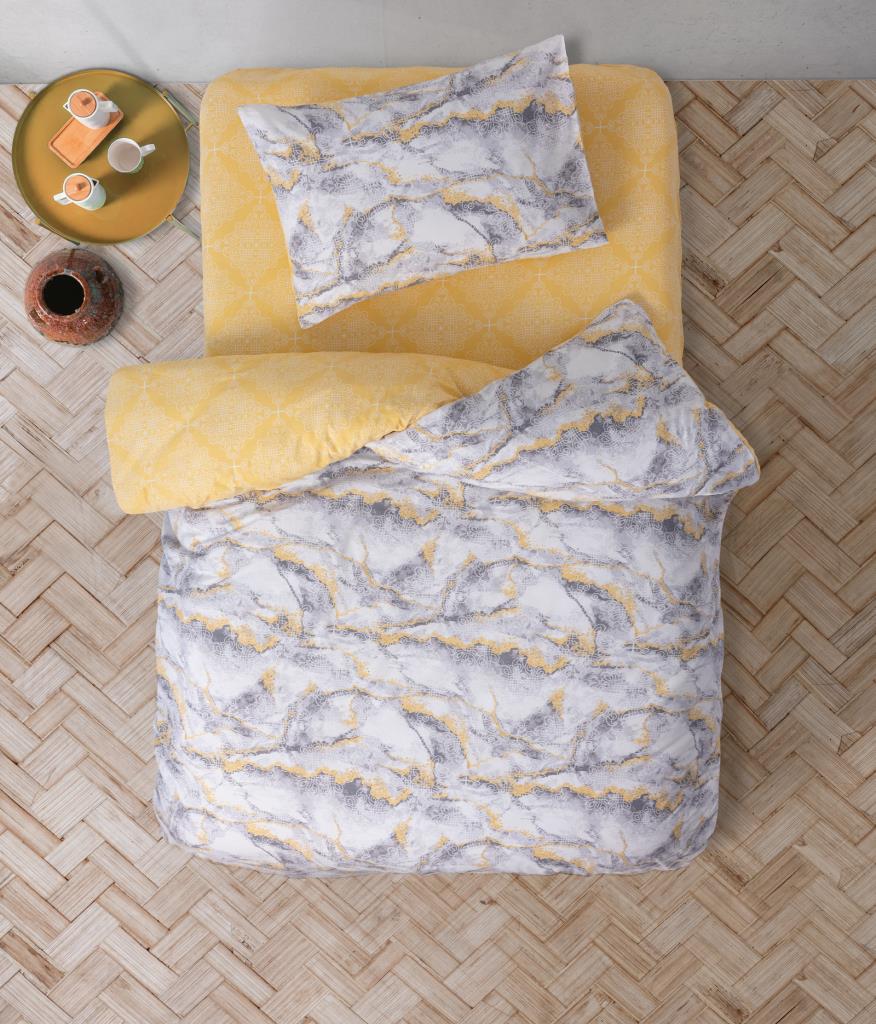 Casa Carina Ranforce Single Duvet Cover Set with Elastic Sheets, Marble Yellow