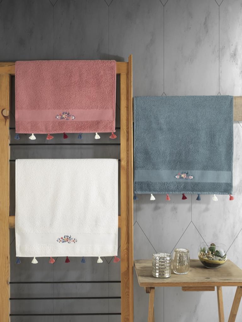 Cotton Box 100% Cotton 3-Piece Embroidered Tassel Towel Set G.Dry-Ecru-Petrol