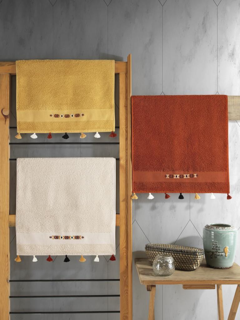 Cotton Box 100% Cotton 3-Piece Embroidered Tassel Towel Set Mustard-Ecru-Brick