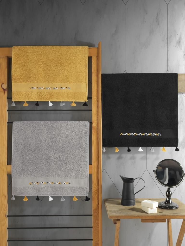 Cotton Box 100% Cotton 3-Piece Embroidered Tassel Towel Set Mustard-Grey-Black