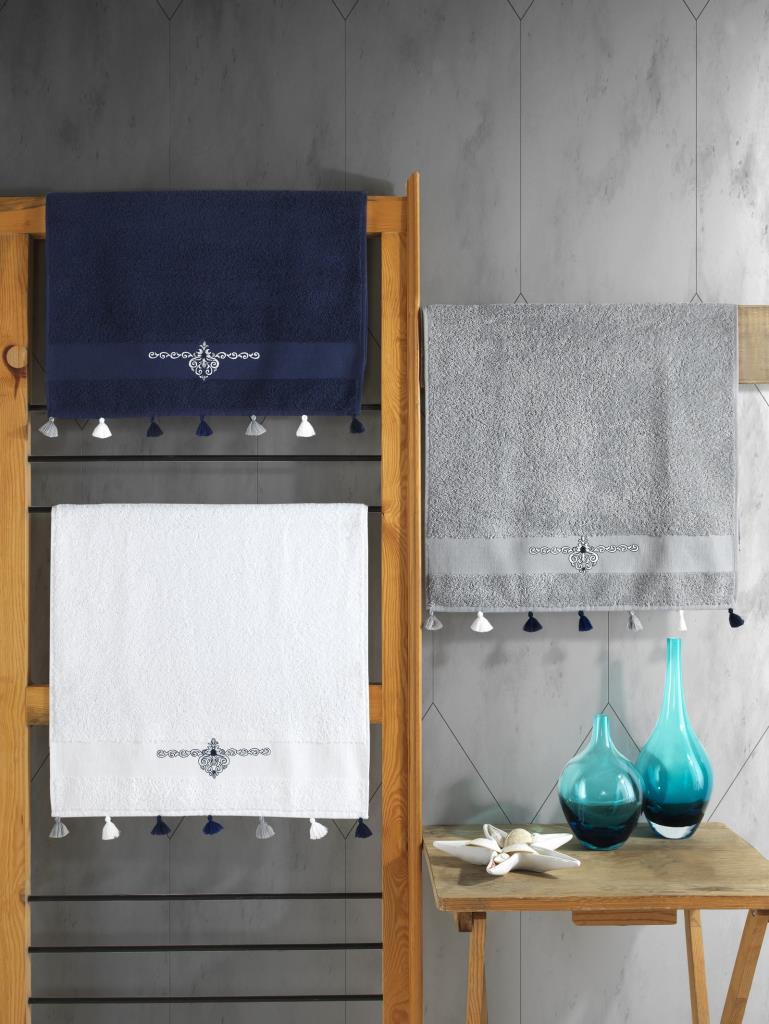 Комплект из 3 полотенец Cotton Box, 100% хлопок, вышитые, с кисточками, тёмно-синий, белый, серый