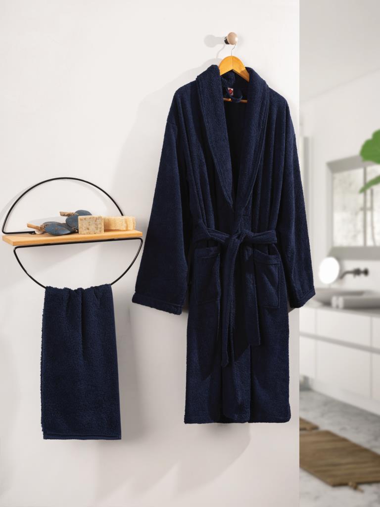 Cotton Box 100% Cotton Deluxe Single Bathrobe Set Navy Blue L