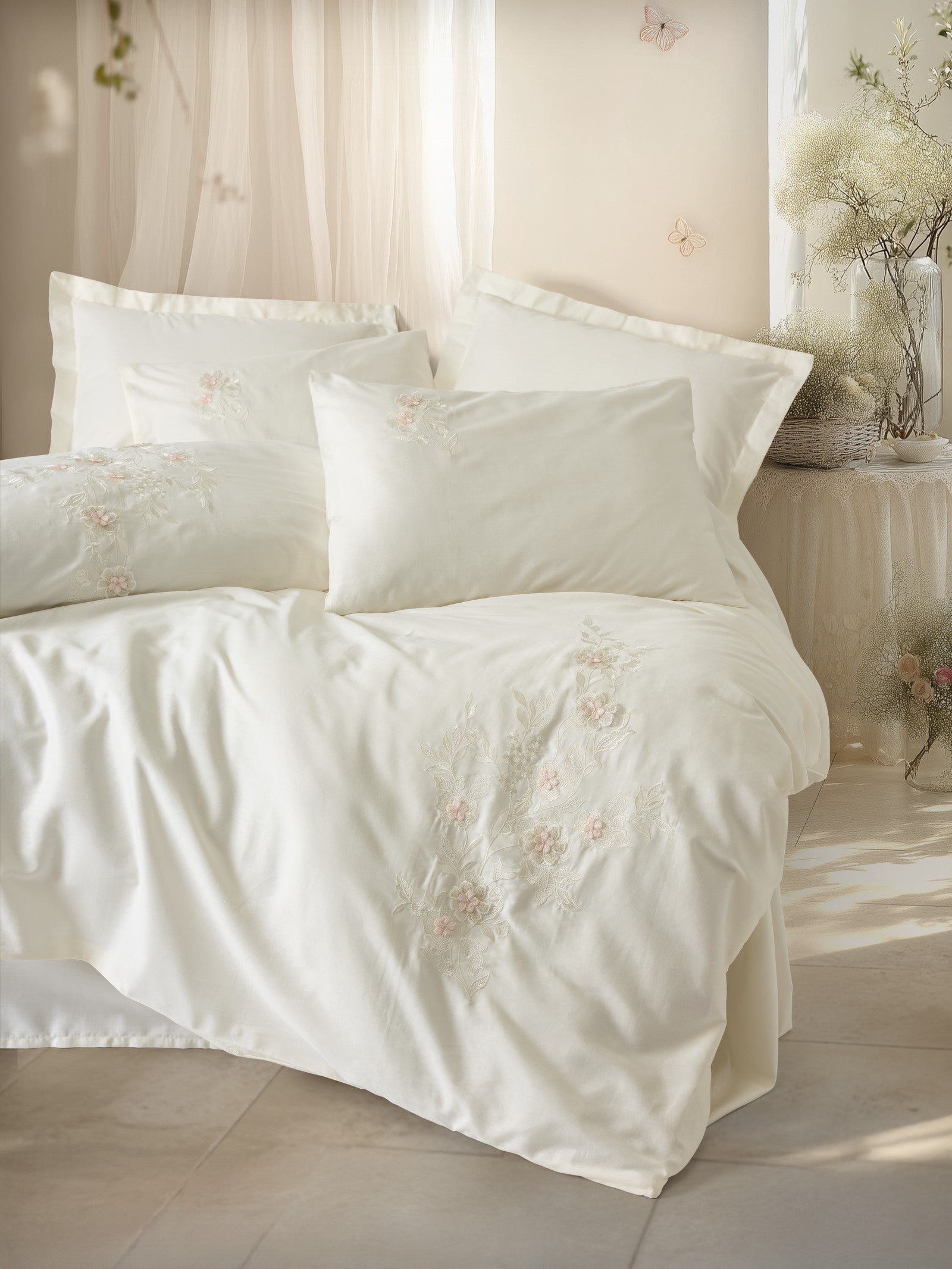 Cotton Box 3D Embroidered Sateen Double Duvet Cover Set Aira Ecru