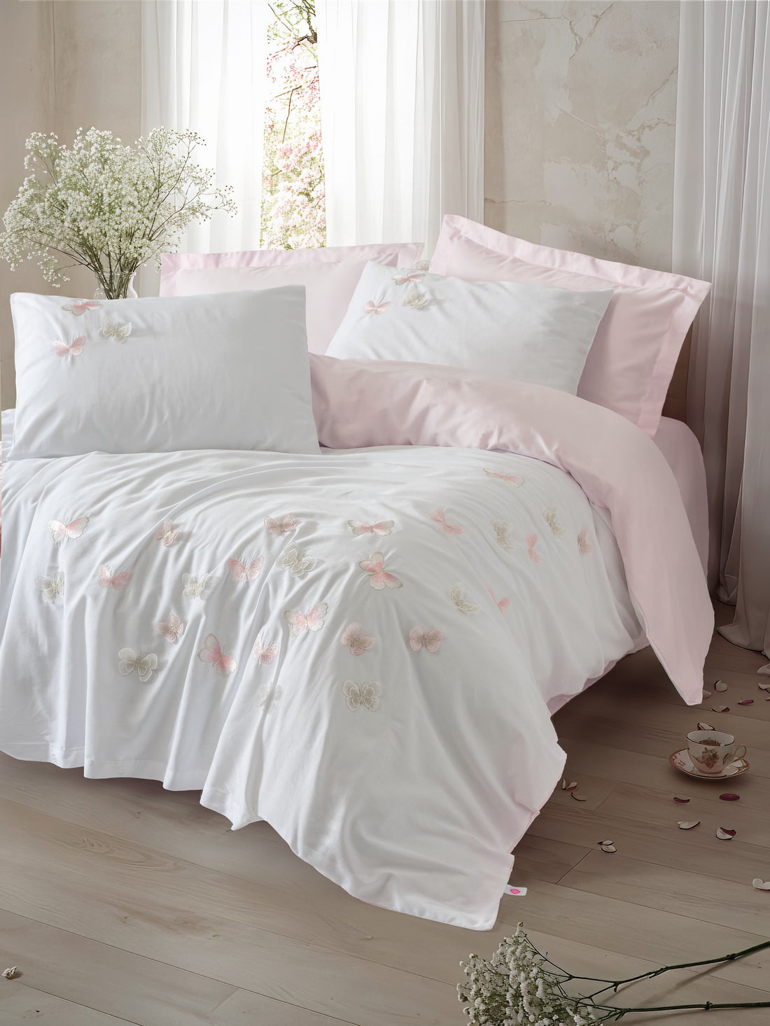 Cotton Box 3D Nakışlı Saten Çift Kişilik Nevresim Takımı Charming Pudra