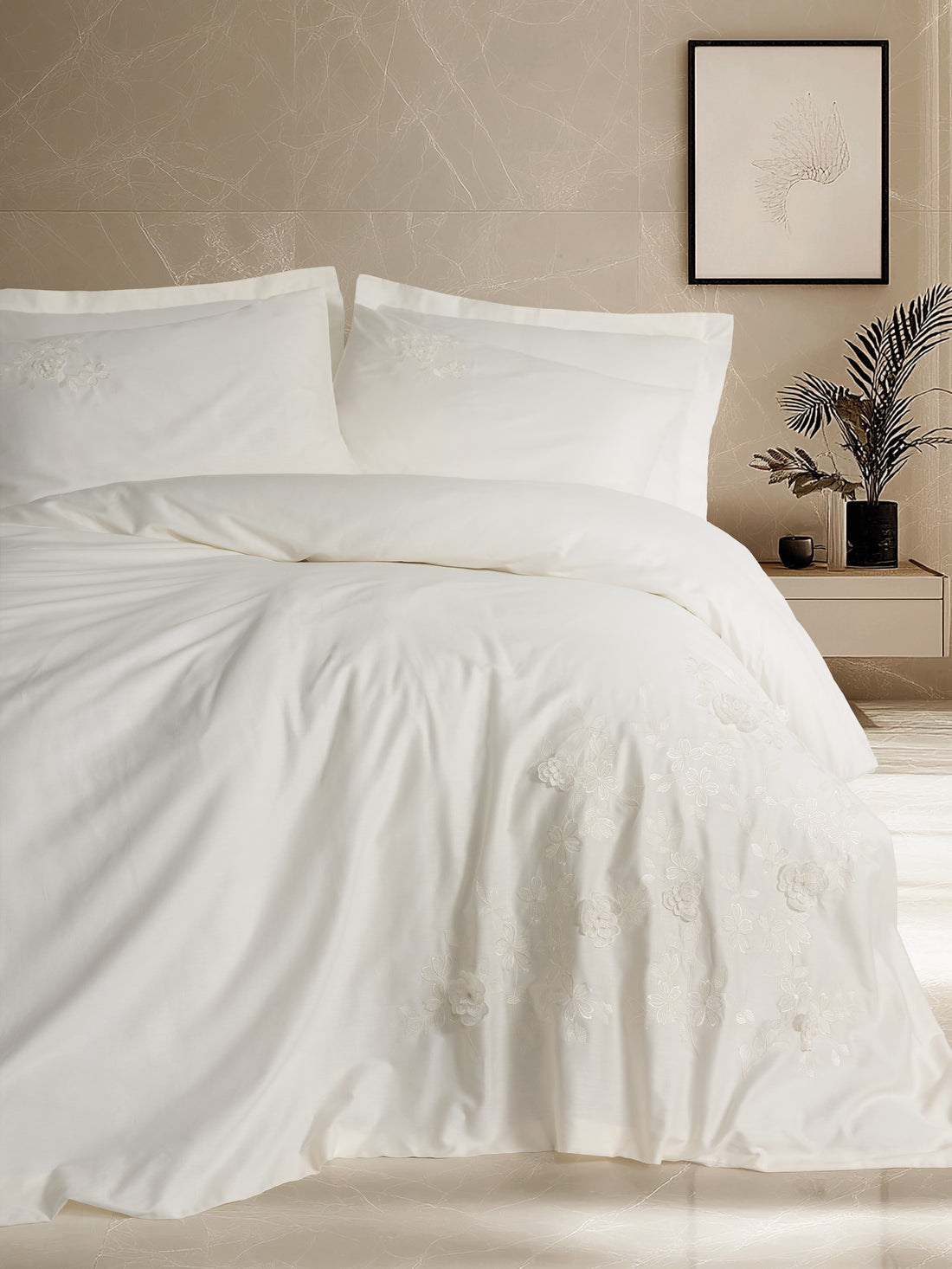 Cotton Box 3D Embroidered Satin Double Duvet Cover Set Chic Ecru