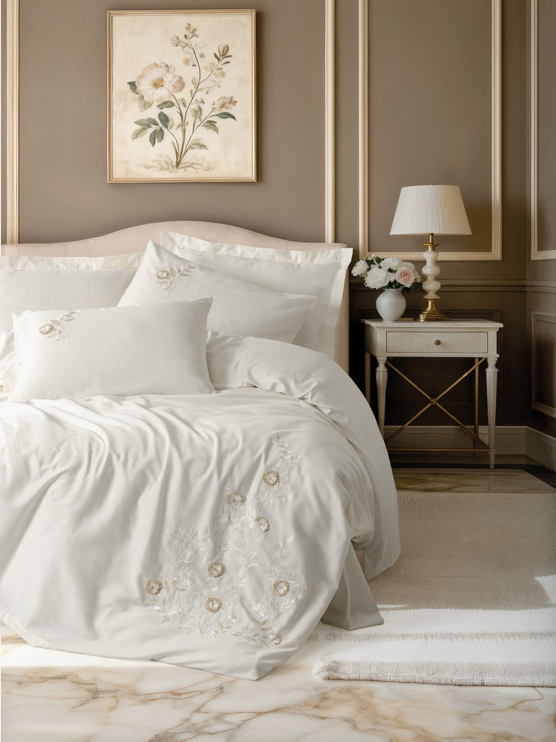 Cotton Box 3D Nakışlı Saten Çift Kişilik Nevresim Takımı Gilded Ekru