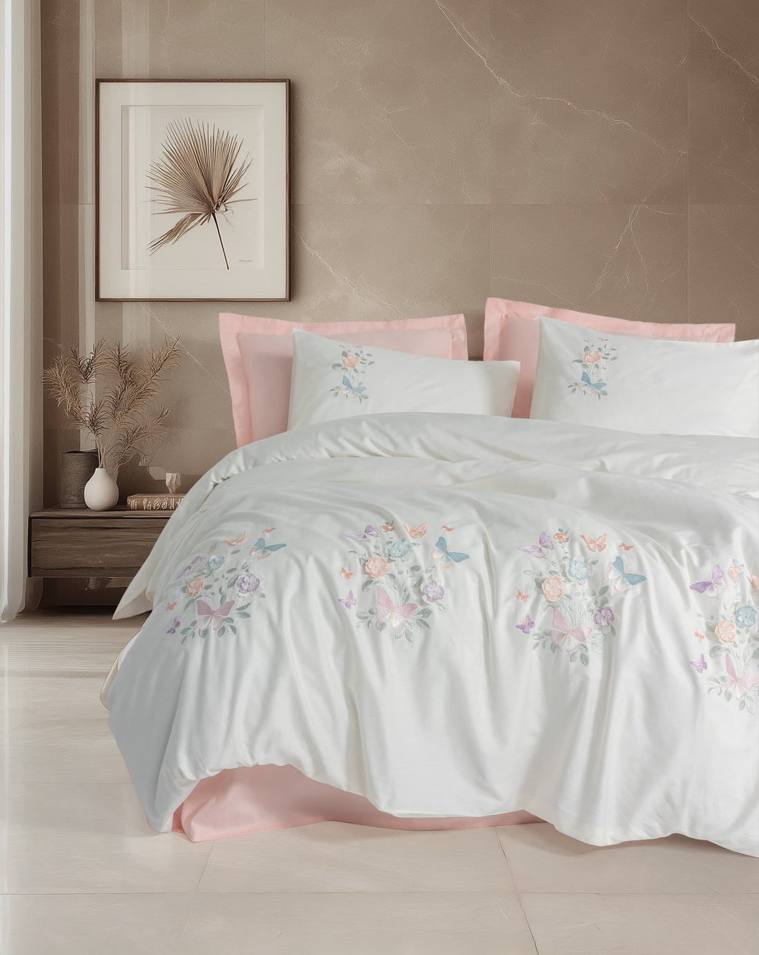 Cotton Box 3D Embroidered Satin Double Duvet Cover Set Liva Pudra