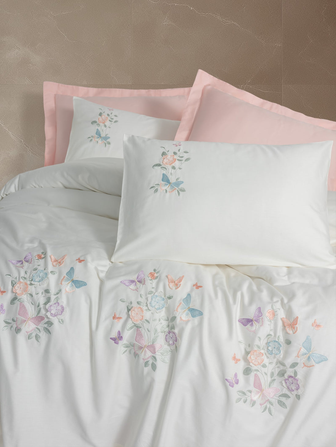 Cotton Box 3D Embroidered Satin Double Duvet Cover Set Liva Pudra