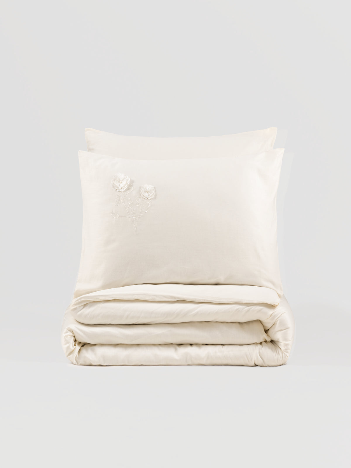 Cotton Box 3D Embroidered Satin Double Duvet Cover Set Pure Ecru