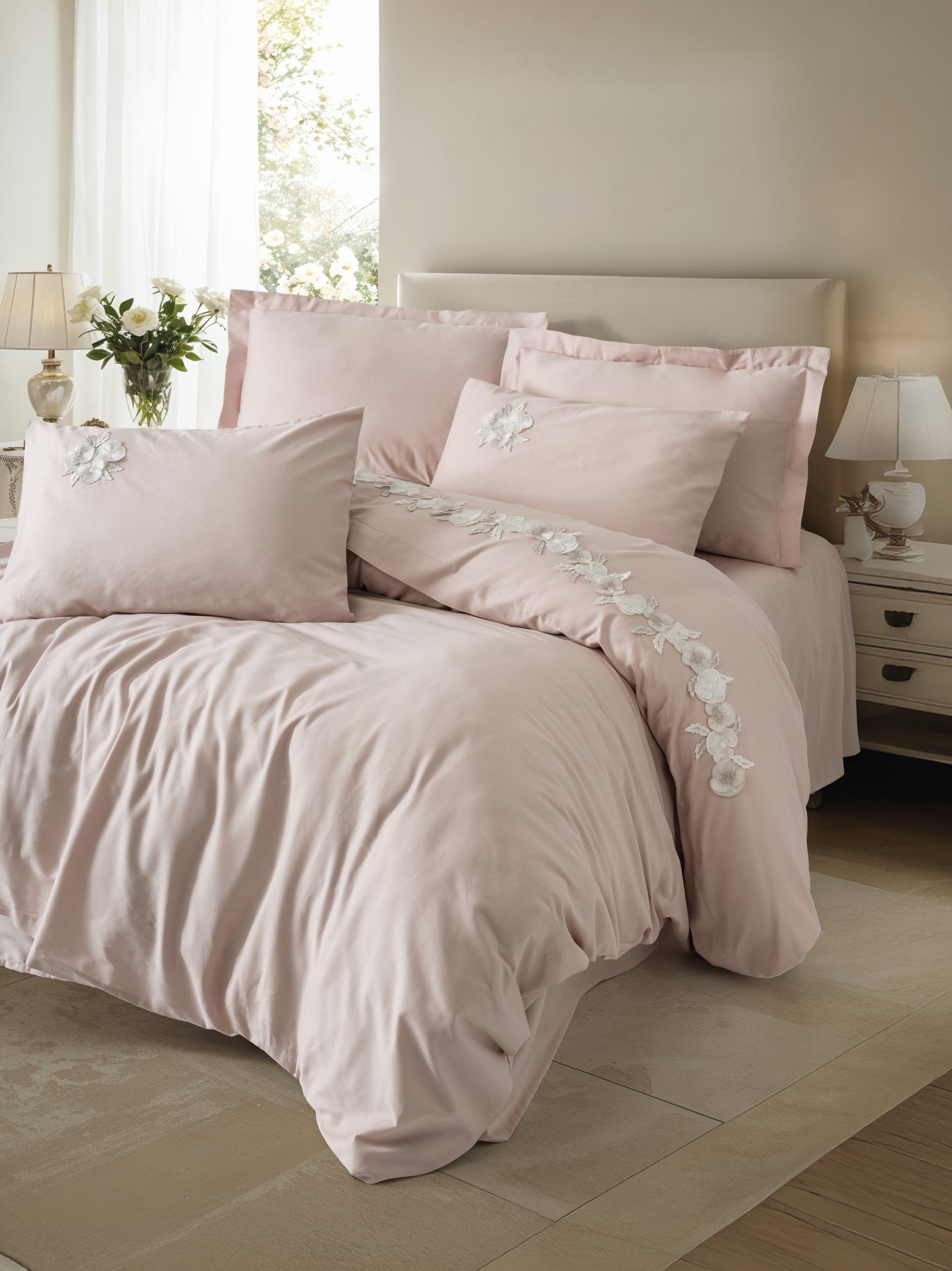 Cotton Box 3D Embroidered Sateen Double Duvet Cover Set Zena Lilac