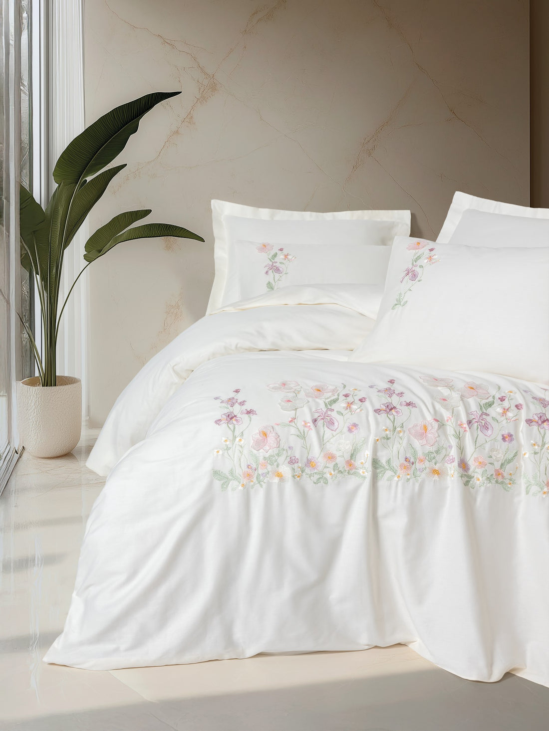 Cotton Box 3D Embroidered Satin Double Duvet Cover Set Zephy Ecru