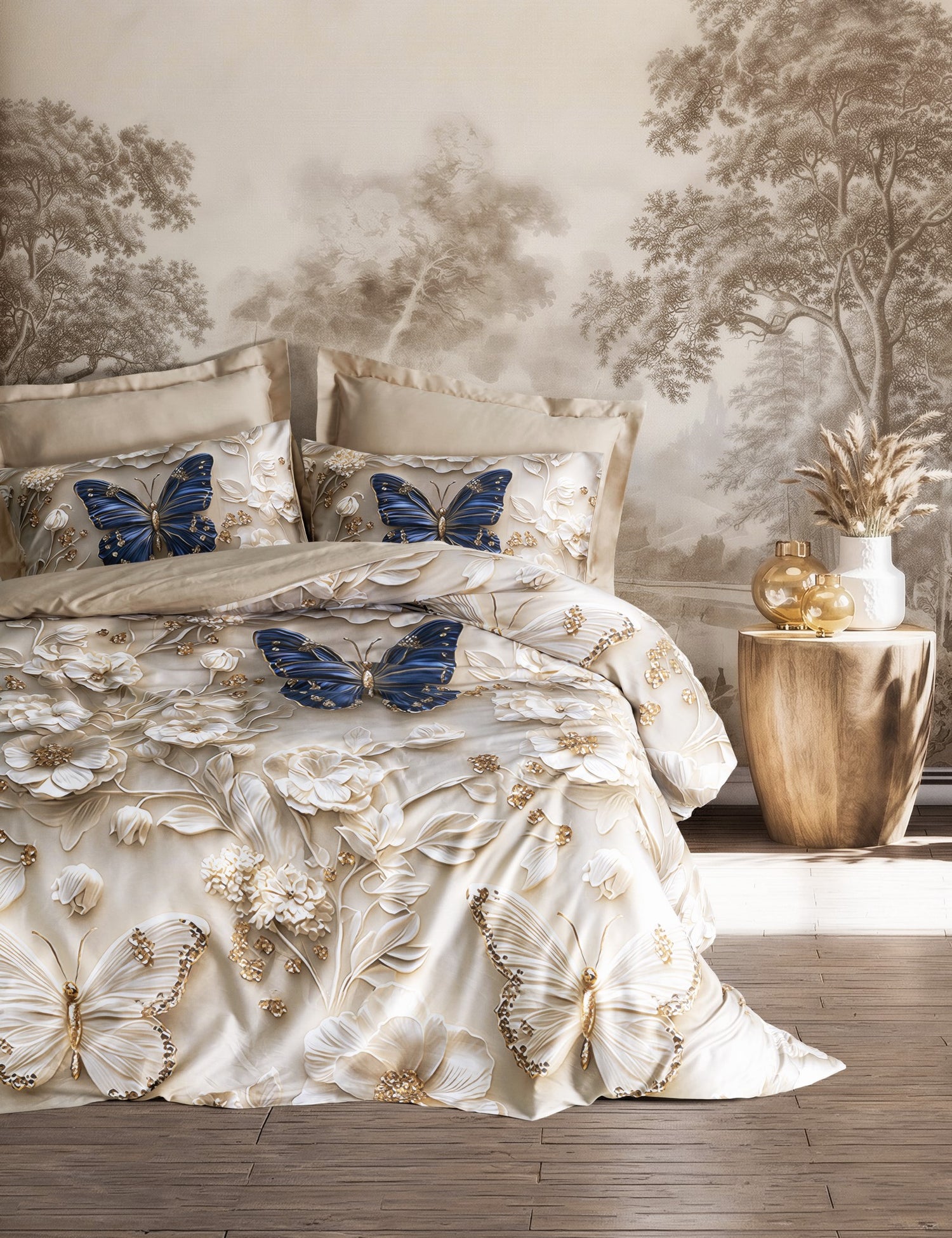 Cotton Box 5D Silky Tensel Saten Çift Kişilik Nevresim Takımı Butterfly Bej