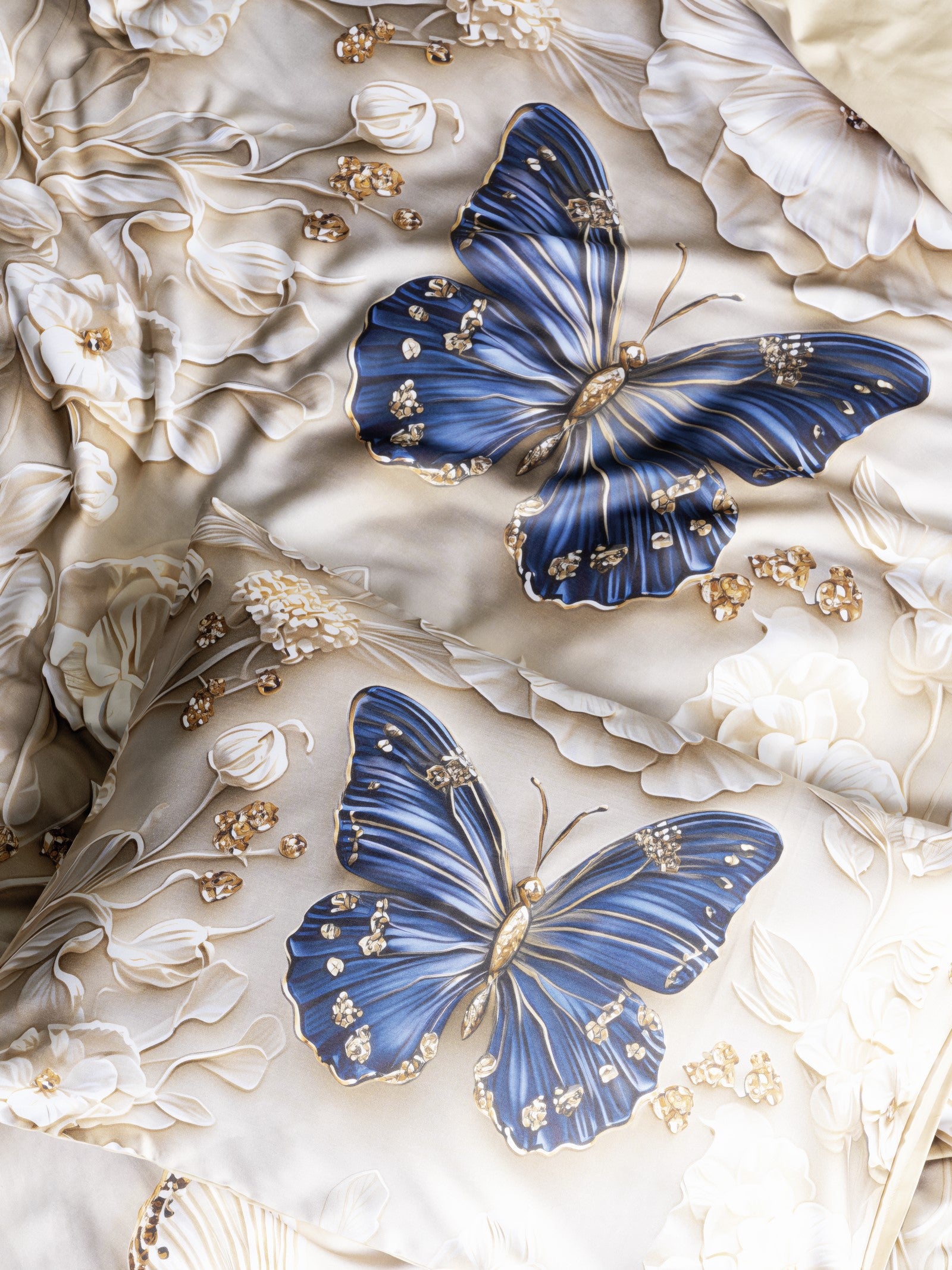 Cotton Box 5D Silky Tensel Saten Çift Kişilik Nevresim Takımı Butterfly Bej