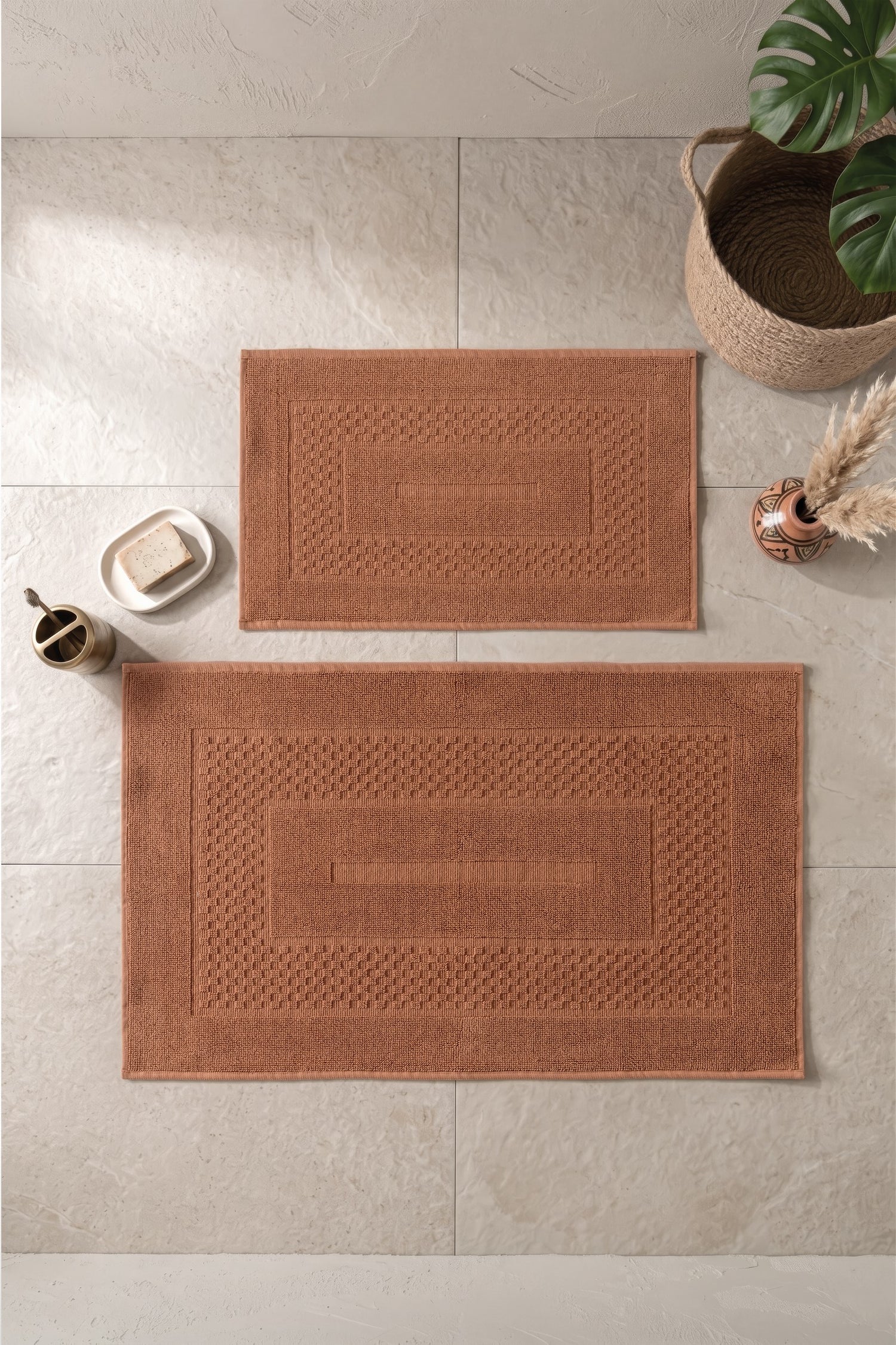 Cotton Box Aura Jakarlı Kaymaz Taban Pamuklu Paspas Seti Frame Coral 60x90+40x60