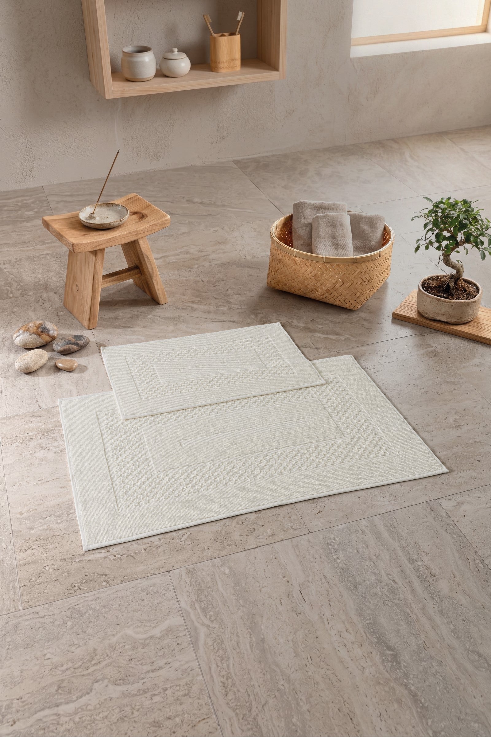 Cotton Box Aura Jakarlı Kaymaz Taban Pamuklu Paspas Seti Frame Krem 60x90+40x60