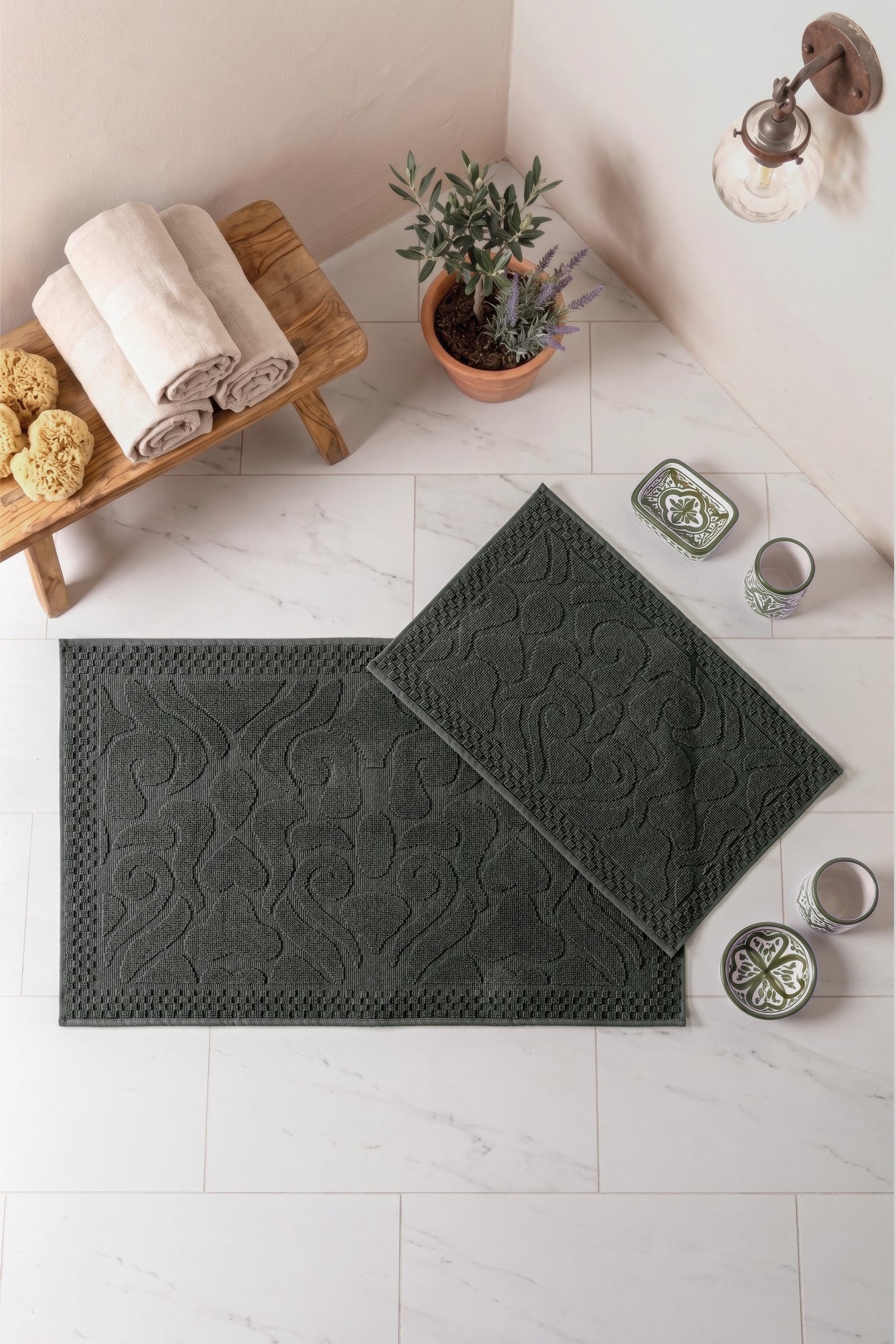 Cotton Box Aura Jakarlı Kaymaz Taban Pamuklu Paspas Seti Vine Antrasit 60x90+40x60