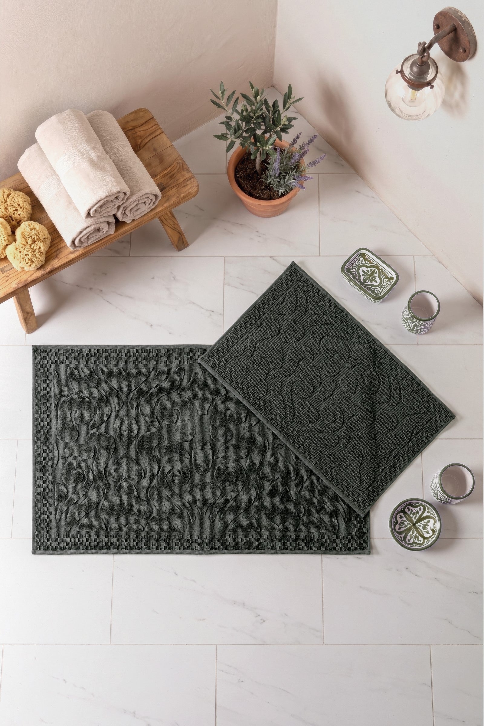 Cotton Box Aura Jakarlı Kaymaz Taban Pamuklu Paspas Seti Vine Antrasit 60x90+40x60