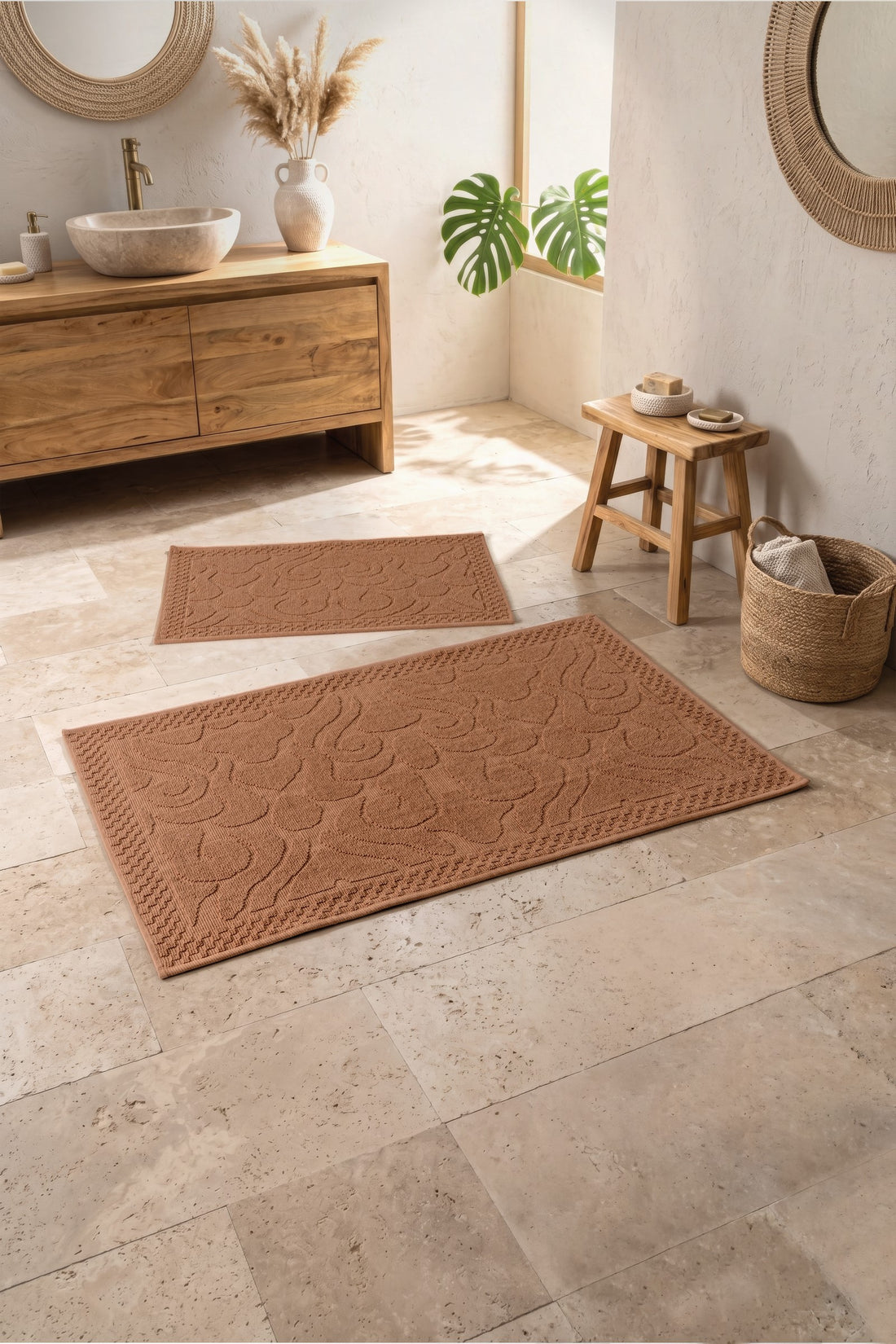 Cotton Box Aura Jakarlı Kaymaz Taban Pamuklu Paspas Seti Vine Coral 60x90+40x60