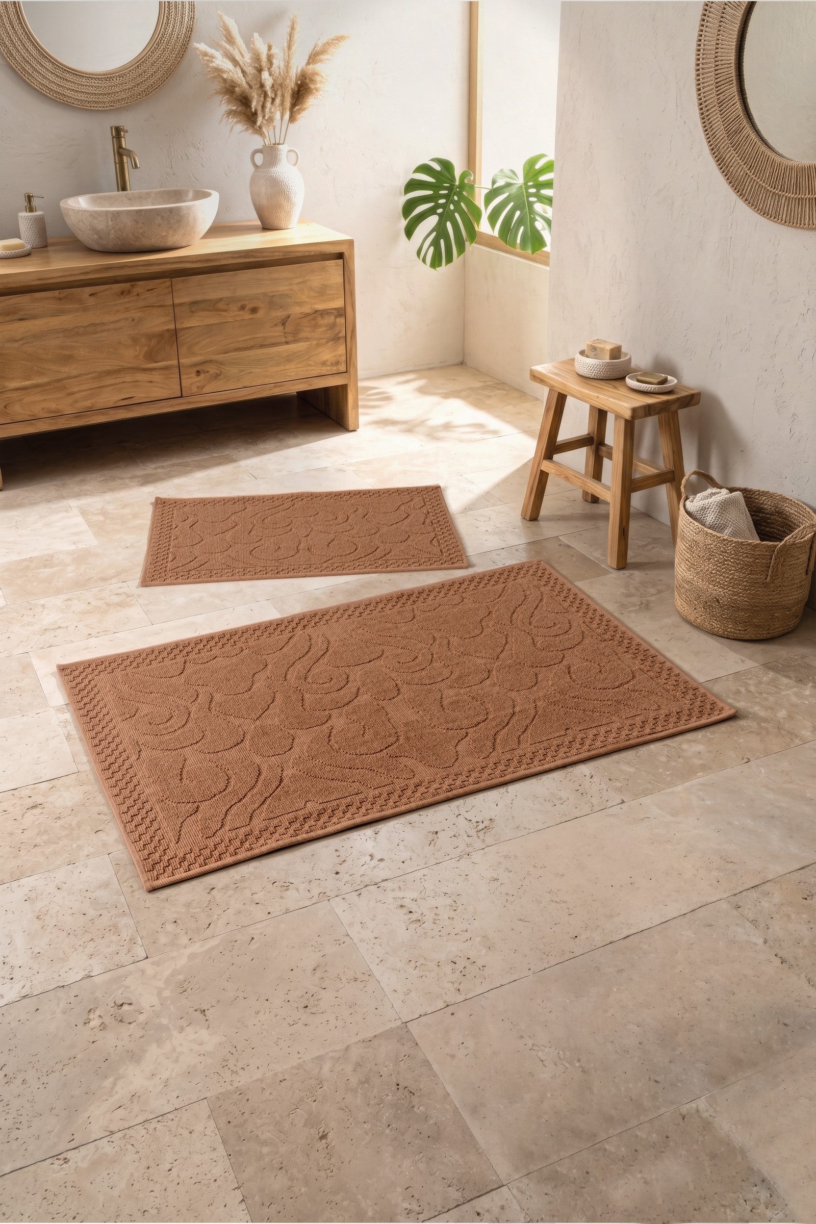 Cotton Box Aura Jakarlı Kaymaz Taban Pamuklu Paspas Seti Vine Coral 60x90+40x60