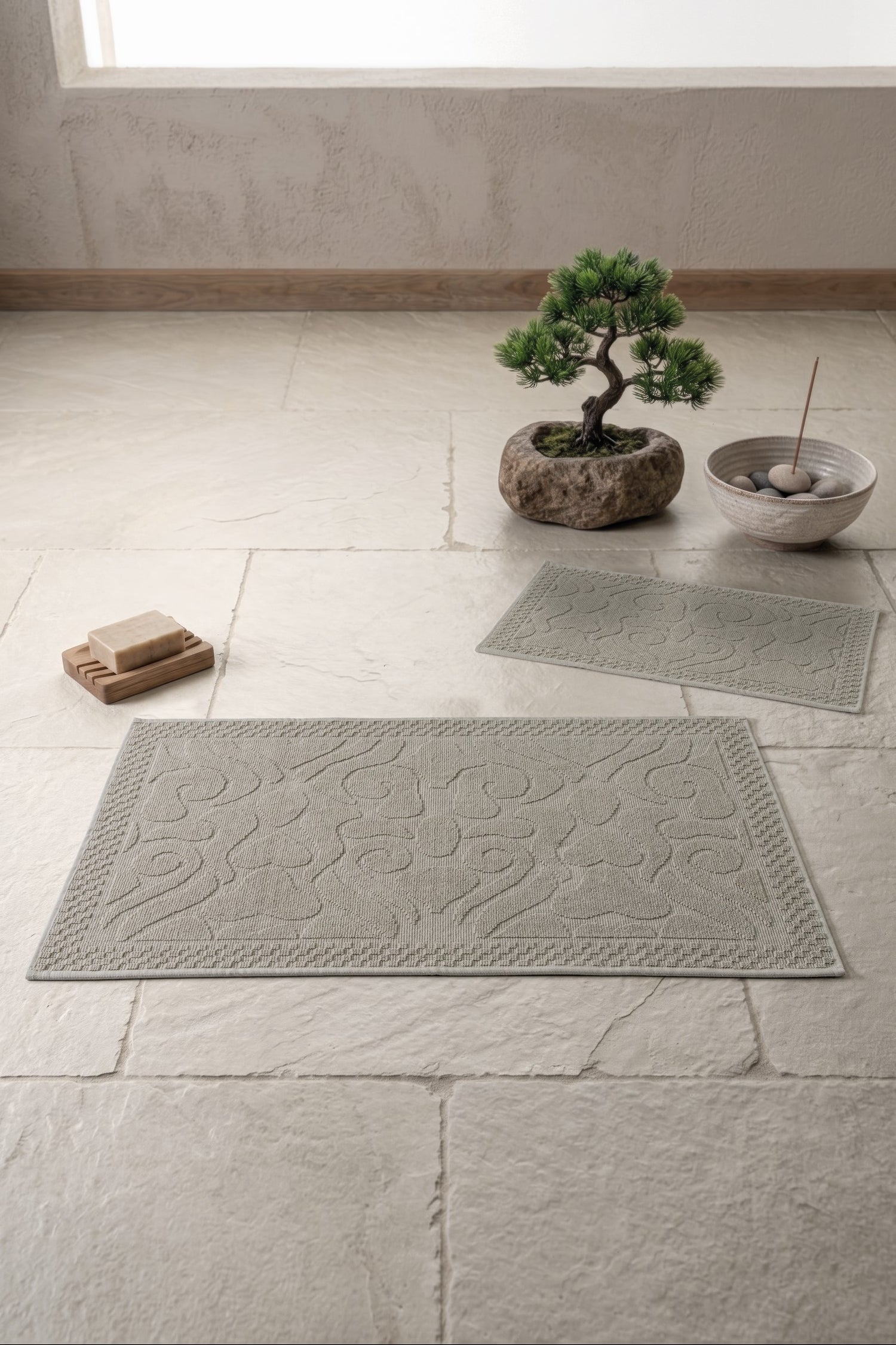 Cotton Box Aura Jakarlı Kaymaz Taban Pamuklu Paspas Seti Vine Vizon 60x90+40x60