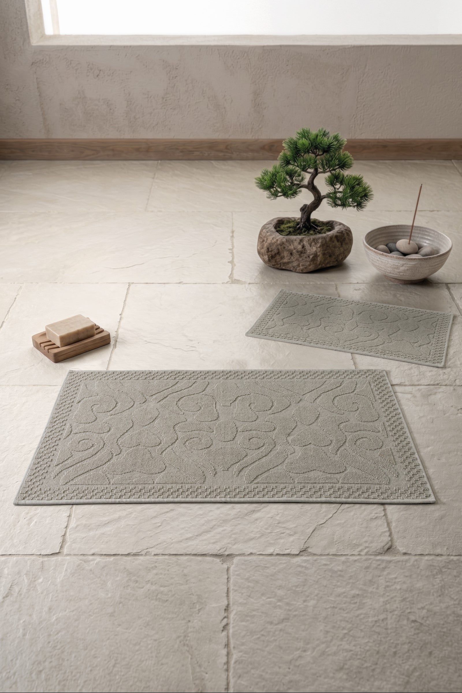 Cotton Box Aura Jakarlı Kaymaz Taban Pamuklu Paspas Seti Vine Vizon 60x90+40x60