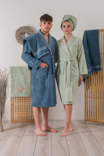 Cotton Box Bamboo 3D Embroidered Family Bathrobe Set Alvin Green-Blue