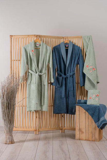 Cotton Box Bamboo 3D Embroidered Family Bathrobe Set Alvin Green-Blue