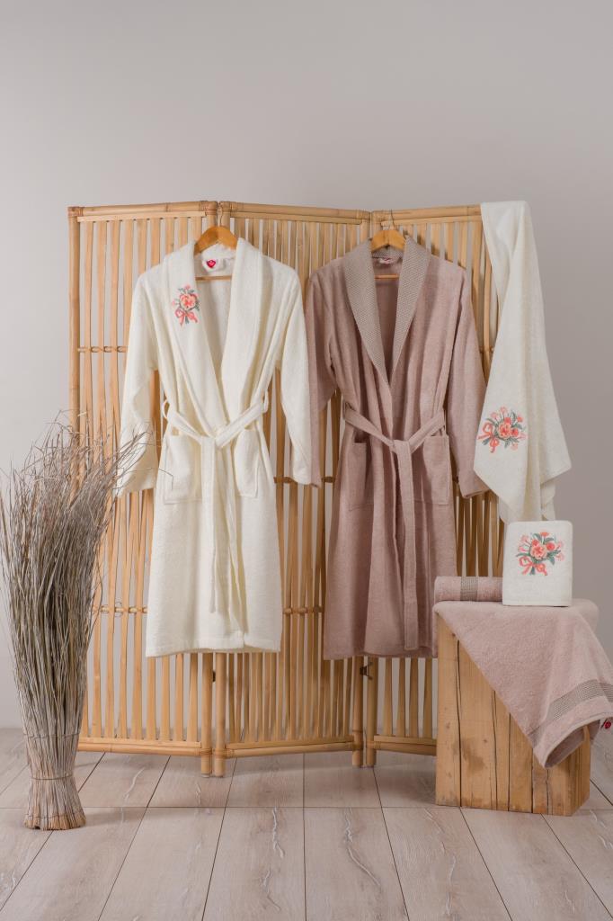 Cotton Box Bamboo 3D Embroidered Family Bathrobe Set Lenora Ecru-Cappuccino