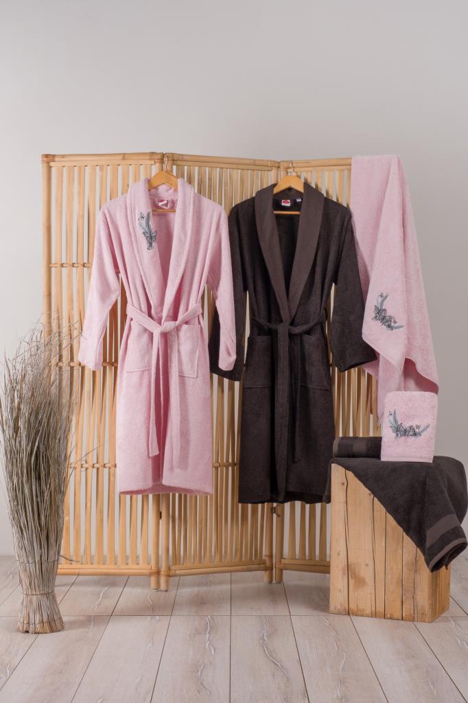 Cotton Box Bamboo 3D Embroidered Family Bathrobe Set Perla Pink-Anthracite