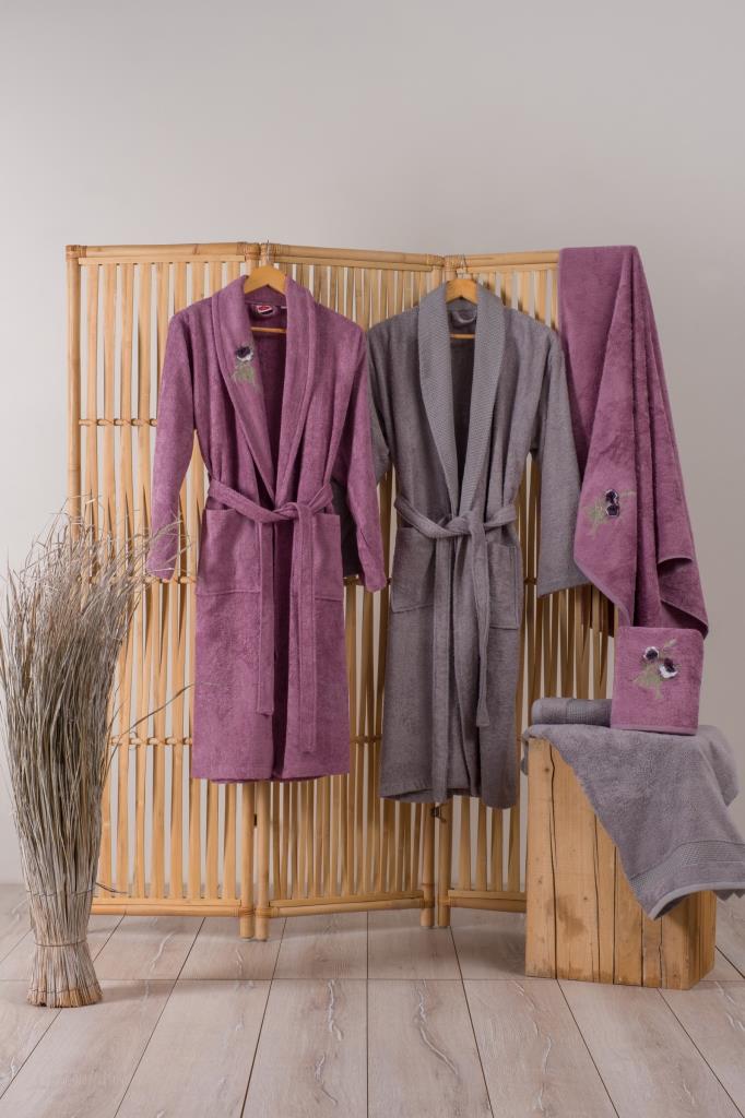 Cotton Box Bamboo 3D Embroidered Family Bathrobe Set Violet Plum-Grey