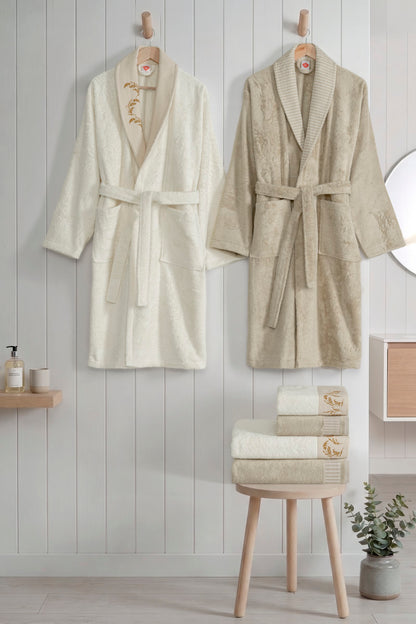 Cotton Box Bambu Pure Nakışlı Aile Bornoz Seti Evera Krem-Bej
