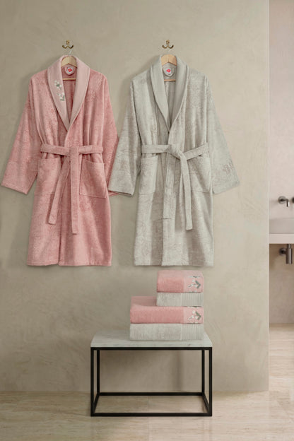 Cotton Box Bambu Pure Nakışlı Aile Bornoz Seti Floris Pudra-Bej