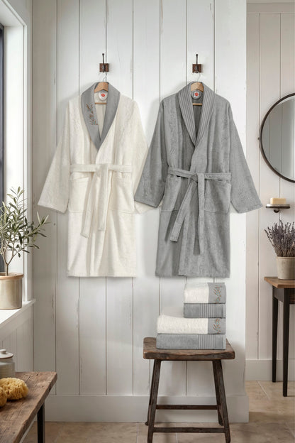 Cotton Box Bambu Pure Nakışlı Aile Bornoz Seti Mirea Krem-Gri