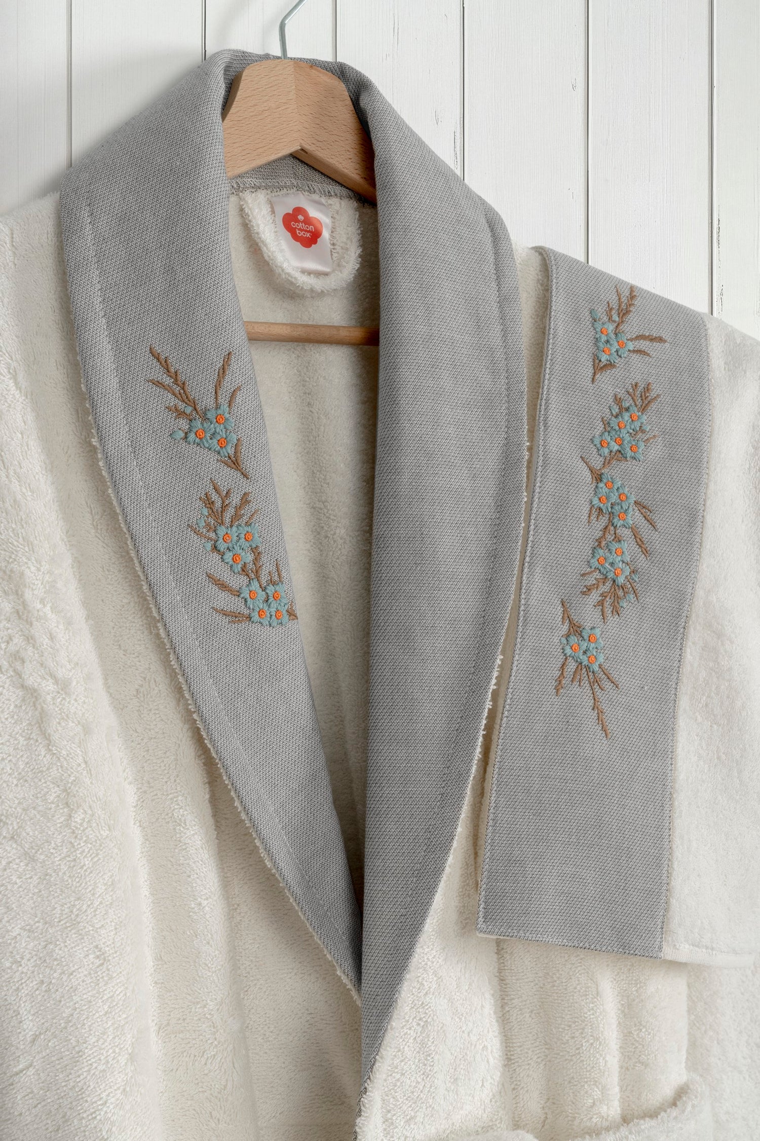 Cotton Box Bambu Pure Nakışlı Aile Bornoz Seti Mirea Krem-Gri
