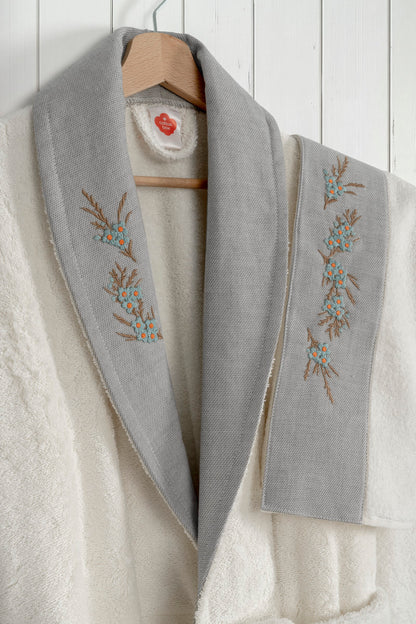 Cotton Box Bambu Pure Nakışlı Aile Bornoz Seti Mirea Krem-Gri