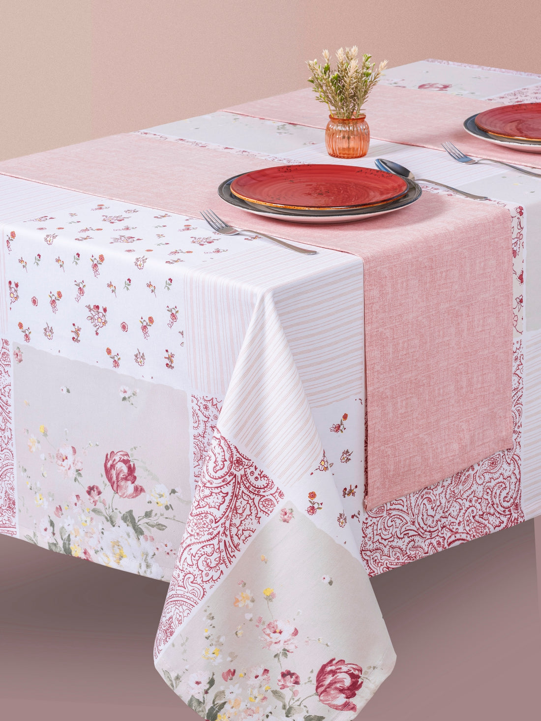Cotton Box Printed Tablecloth Set Adela Pink 180x230
