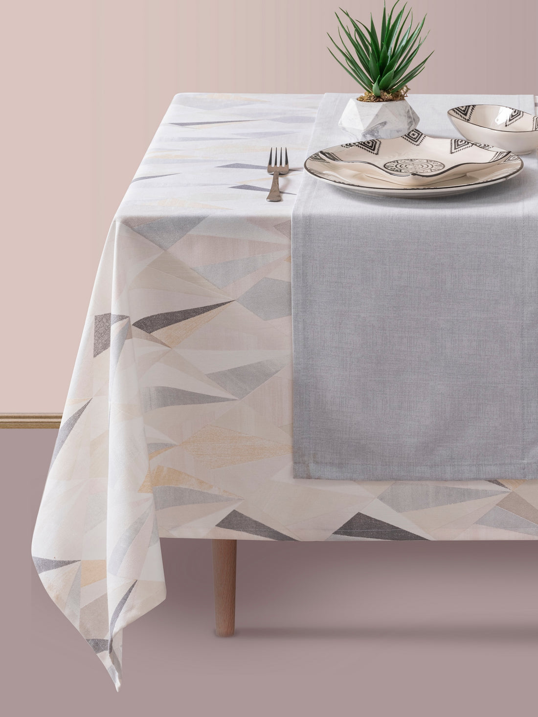 Cotton Box Printed Tablecloth Set Diamente Gray 160x180