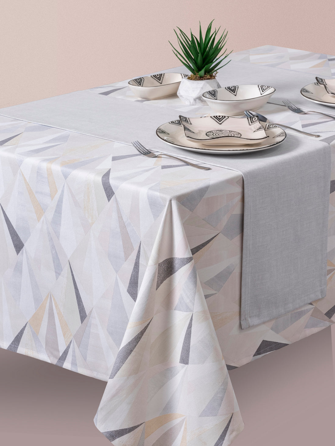 Cotton Box Printed Tablecloth Set Diamente Gray 180x230