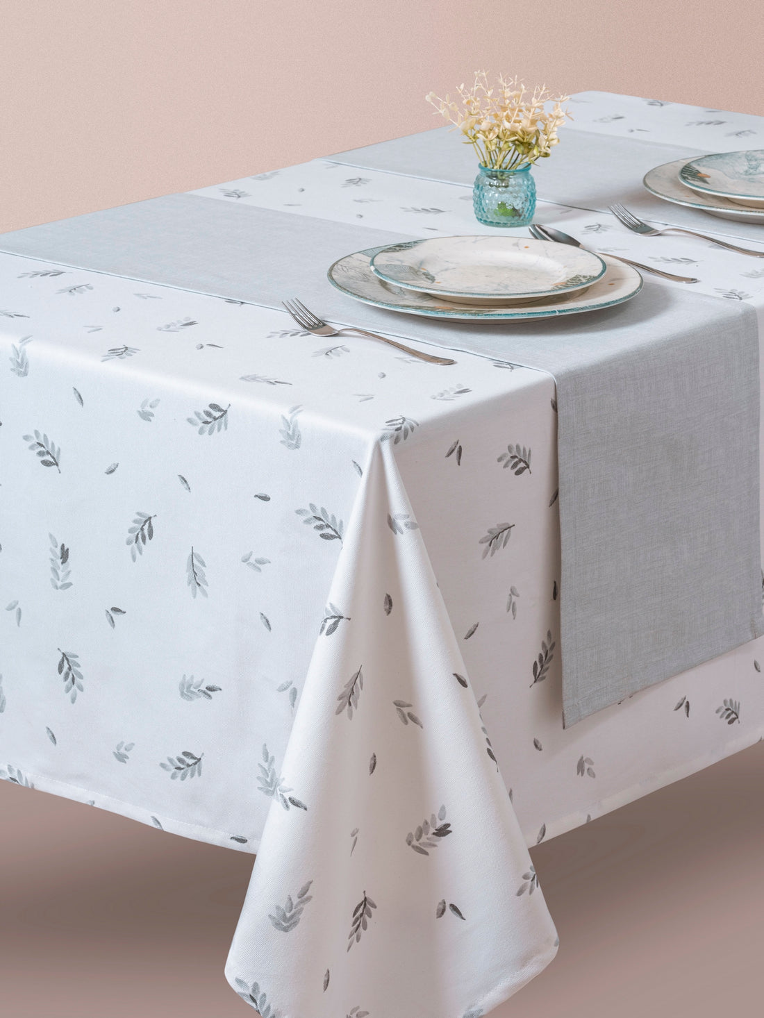 Cotton Box Printed Tablecloth Set Leaf Gray 180x230