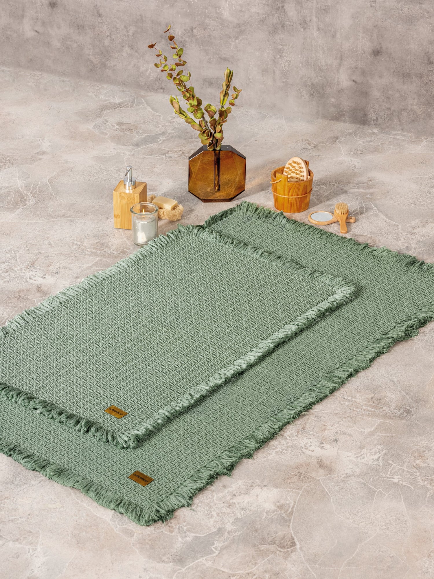 Cotton Box Bath Rug Set Yeşil 75x125 60x90