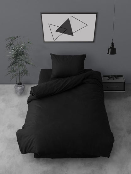 Casa Carina Ranforce Single Duvet Cover Set with Elastic Sheets Simple Black